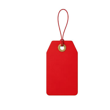 Red gift tag with string and metal ring isolated on transparent background