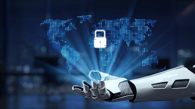 A sleek robotic hand showcases a digital network with security icons over an abstract world map, symbolizing advancements in technology and cybersecurity. Synapse