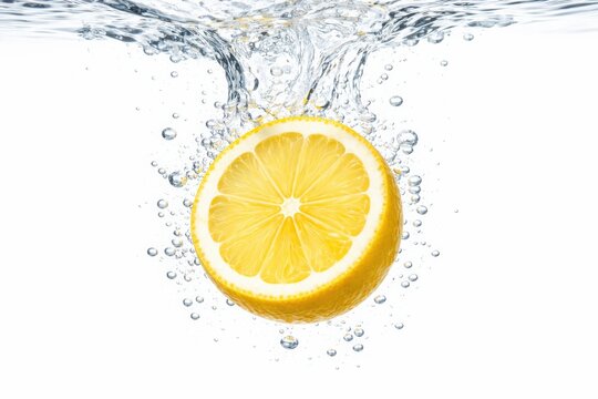 A slice of lemon is being squeezed by hand with water droplets flying out from it.