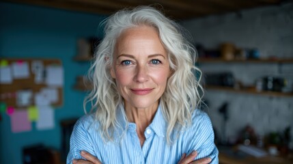 Obraz premium A close-up portrait of a mature woman with striking gray hair, projecting confidence and grace, amidst a beautifully styled interior with modern decor.