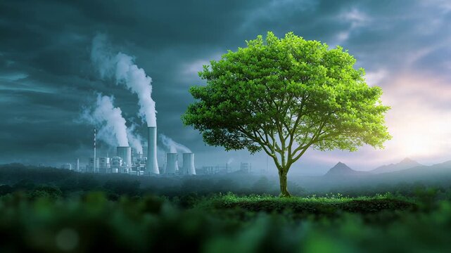 young green tree against industrial skyline, sapling rooted in dark soil with wind turbine and cooling tower blurred in background, moody cloudy sky, visual