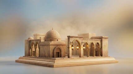 Premium 3D Miniature Mosque Diorama with Dome, Arches and Hanging Lanterns, Gradient Copy Space