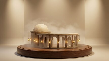 Premium 3D Miniature Mosque Diorama with Dome, Arches and Hanging Lanterns, Gradient Copy Space