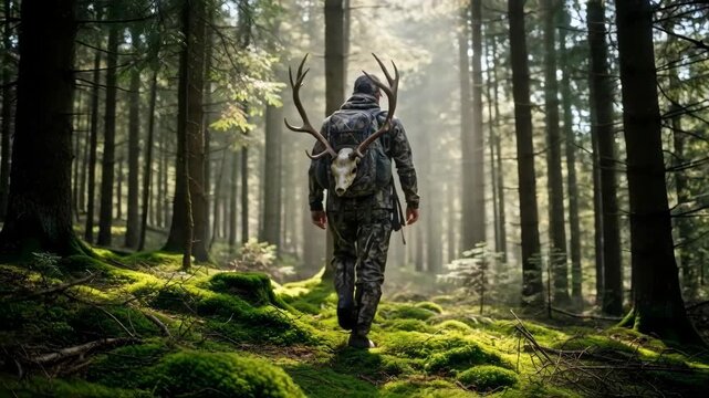 Hunter man walking through mossy forest, carrying deer skull with antlers on backpack during hunting season