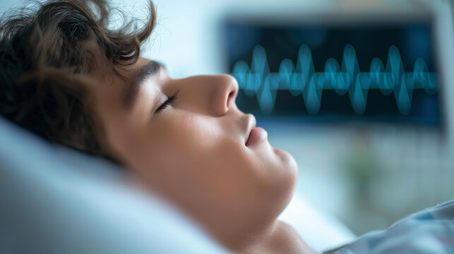Teenage boy sleeping in a hospital bed, a medical monitor displaying brainwave activity in the background