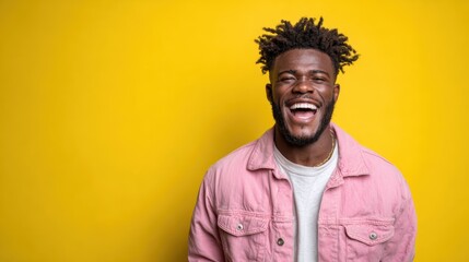 Obraz premium A happy young man smiles widely against a vibrant yellow background, exuding joy and positivity while capturing the essence of carefree moments and enthusiastic spirit.
