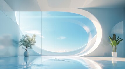 Minimalist blue interior with potted plant