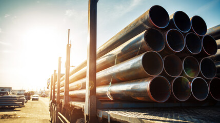 Naklejka premium Stacked steel pipes loaded on a flatbed truck for industrial transportation, construction, and materials delivery