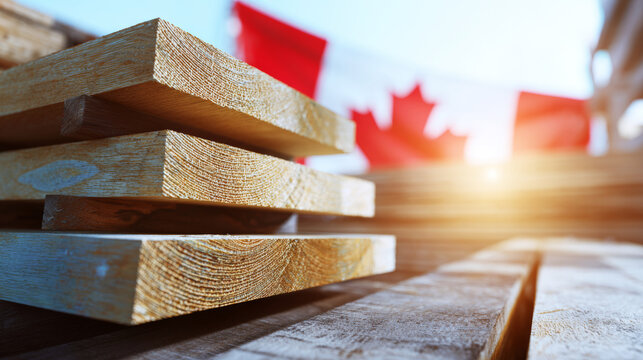 Stacked wooden lumber boards for construction with Canada flag backdrop, symbolizing timber import and export market