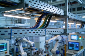 Modern factory automation with robotic arms and organized electrical wiring systems