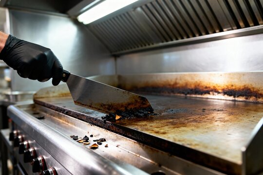 Chef cleaning a dirty flat top grill in a commercial kitchen
