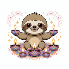 Fototapeta premium A cute sloth is surrounded by lit diyas, sitting on a colorful mandala pattern.