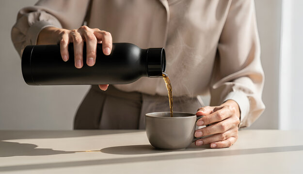 Pouring Hot Tea from Reusable Bottle into Ceramic Cup