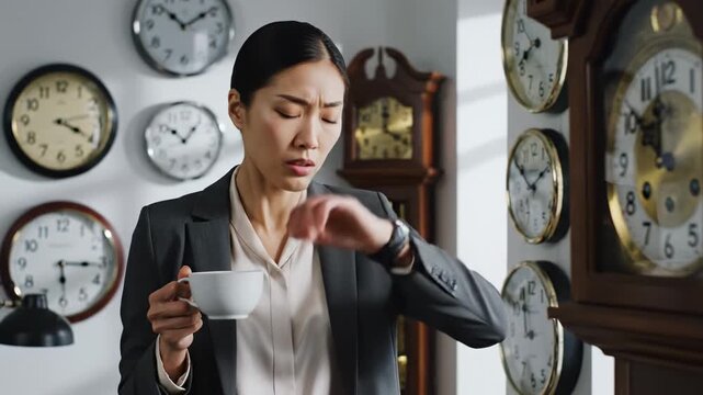 A stressed Asian businesswoman with a worried expression sips coffee and checks her wristwatch, overwhelmed by numerous clocks, vividly illustrating intense time pressure and looming deadlines in a