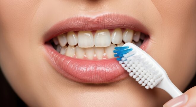 A woman brushing her teeth with a toothbrush.