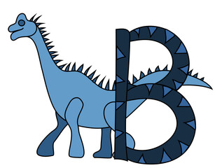 A cute smiling blue brachiosaurus dinosaurus with spikes on its back, next to a big letter B. Concept of dino alphabet.  © Chanteur-de-Vent