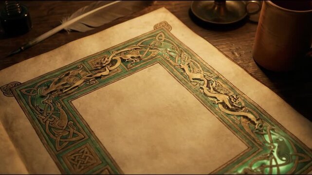 Celtic knot border animated with green glow on antique parchment paper for a Saint Patricks Day greeting card