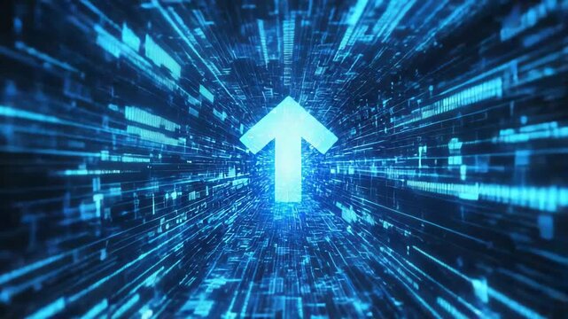 Glowing futuristic arrow symbol on dark techno digital background, advanced technology interface, cyber data flow, neon blue light effects, abstract innovation concept, modern direction and growth sym