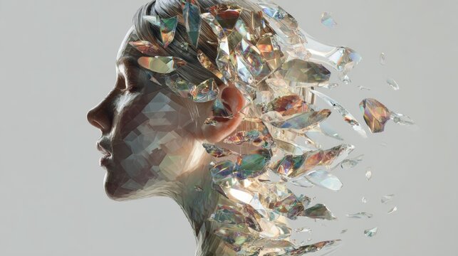 Elegant Geometric Disintegration: Woman Head with Floating Diamond Particles