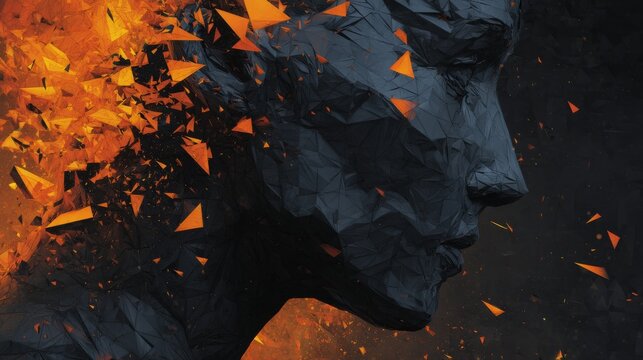 Powerful Energy Concept: Woman Profile with Sharp Black Polygons and Neon Light