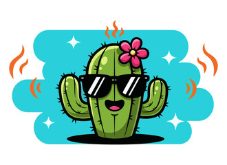 Fototapeta premium Cool cartoon cactus wearing sunglasses and flower on head