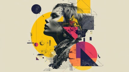 Minimalist Digital Art: Woman Silhouette with 2D and 3D Geometric Shapes