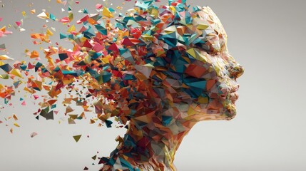 Modern Tech Concept: Woman Face Merging with Vibrant 3D Colorful Shapes
