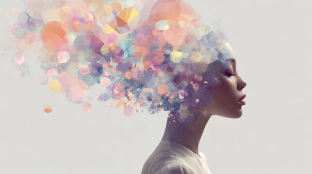 Ethereal Mixed Media Art: Female Head Merging into Geometric Cloud