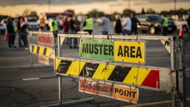 Parkinglot muster area signs and barriers sharply captured with residents and emergency personnel slightly out of focus highlighting the structured evacuation.