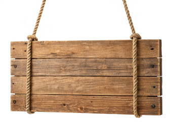 rustic wooden plank sign hanging by ropes isolated on a transparent background.