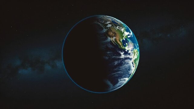 El planeta Tierra gira majestuosamente en el espacio profundo rodeado de estrellas, mostrando continentes verdes, oc&eacute;anos azules y nubes blancas en una rotaci&oacute;n continua y serena.