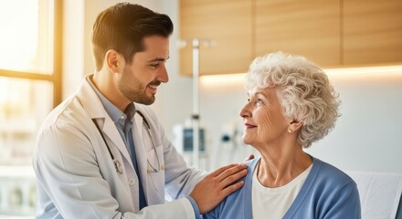 Obraz premium Doctor consulting with an elderly patient in a medical office setting.