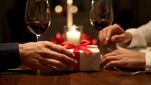romantic dinner date with couple exchanging gift box and wine creating intimate love celebration atmosphere