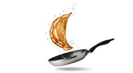 A pancake is tossed high in the air from a frying pan