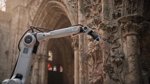 Medium shot capturing a robotic cleaner restoring delicate floral patterns on a cathedrals ornate archway with focus on the robots deft tool and blurred architecture behind.