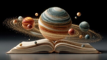 planetary system with colorful spheres orbiting a sun that is an open book