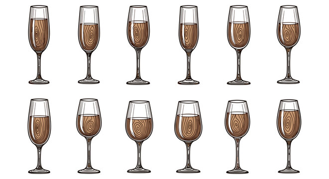 Set of twelve champagne glasses filled with sparkling beverage