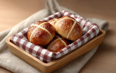  hot cross buns on a baking tray with a checkered cloth, warm and traditional