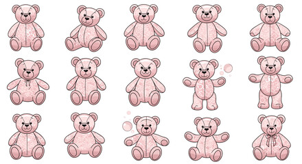 Fototapeta premium Collection of pink teddy bears with different poses and expressions