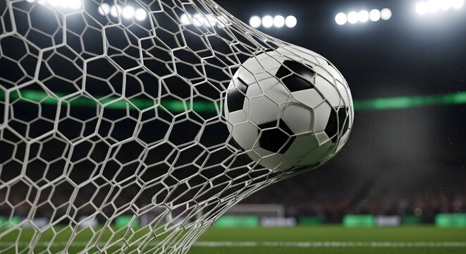 Soccer ball hitting the net during decisive goal moment, freeze action photography