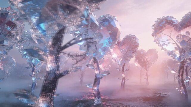 Tall crystalline heart‑shaped trees rising from misty ground with refracted pink‑blue light, forming a surreal botanical landscape without people, text or logos.