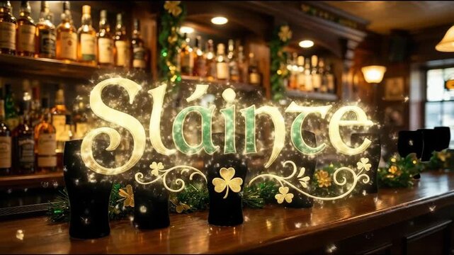 Sl&aacute;inte animation with shamrocks on a bar counter, offering a festive Irish toast and celebration for Saint Patrick day.