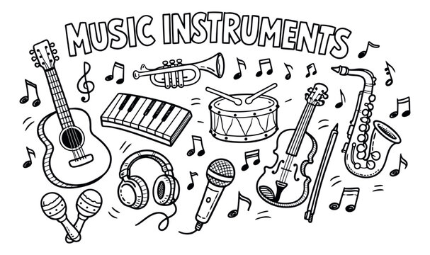 Hand drawn line art music instruments set featuring a collection of musical instruments and notes for music education and entertainment