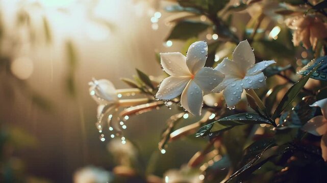 Flors de jazmin moviendose al atardecer en un dia lluvioso y soleado de primavera