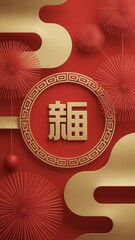 Chinese new year greeting card with golden character and red fireworks on decorative background