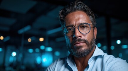 Obraz premium A charismatic man with glasses and a beard captured in a vibrant, dimly-lit workspace showcasing modern, stylish office aesthetics and creative energy.