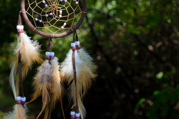 A close up image of the white and brown feathers hanging from a handmade dreamcatcher amulet.