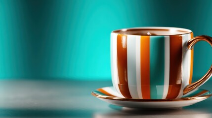 Fototapeta premium A beautifully crafted striped coffee cup on a saucer, showcasing artistic design and vibrant colors against a soft turquoise background, evoking warmth and comfort.