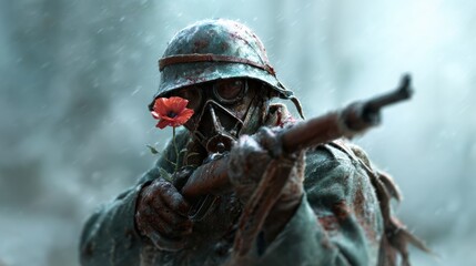 This powerful image features a soldier, clad in a worn uniform and gas mask, holding a vibrant poppy flower amidst a rain-soaked battlefield, symbolizing peace and memory.