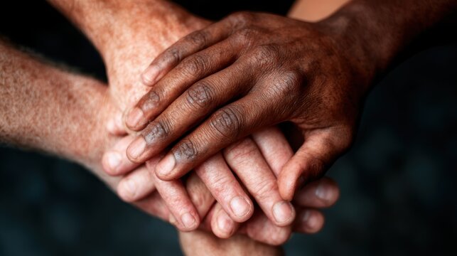 A striking image of diverse hands stacked together conveys a powerful message of unity, collaboration, and the strength found in diversity and human connection.